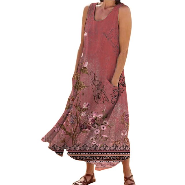 TJAZFJPA Robe Trapèze pour Femmes Mode pour Femmes Col Rond Décontractée Imprimé Pissenlit 3D Sans Poignets Poche Longue Robe Débardeur Robe Décontractée Robe Longueur au Sol Robe Léopard
