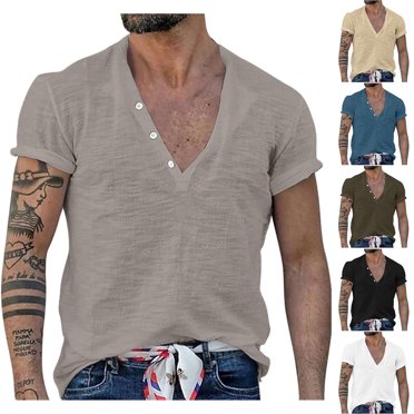 BADHUB Men's Lightweight Short Sleeve T-Shirts Henley Button Crew Neck Beach Shirts Causal Breathable Fitted Tops Summer Savings Army Green XL