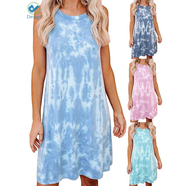 Deago Robe Courte Décontractée Teinture sur Nœuds pour Femme, Col Rond, Sans Manches, T-Shirt Ample, Débardeur d'Été, Robe de Plage (Bleu Clair, TG)