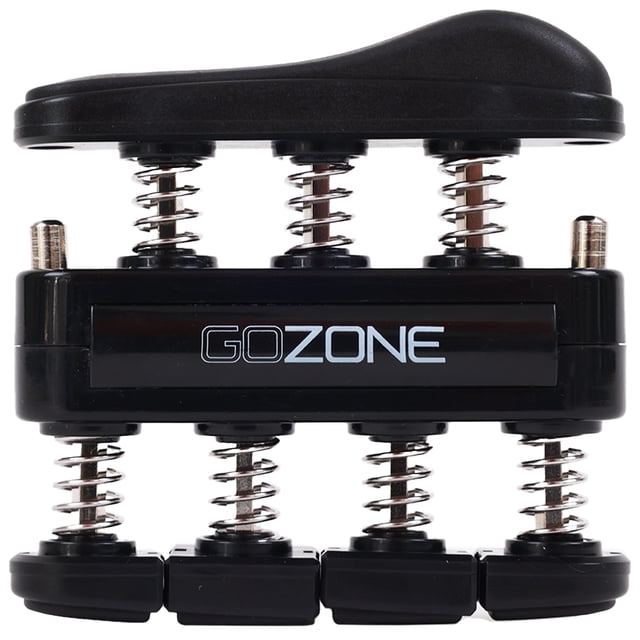 GoZone Hand and Finger Strengthener with black plastic body and four finger pads connected by metal springs, designed to build hand, wrist, and forearm strength, improve dexterity, and maintain hand fitness, compact and portable for grip training and injury recovery.