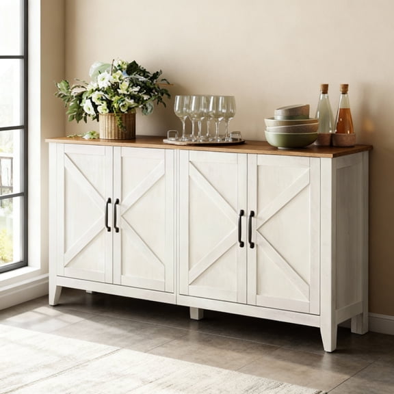 LEDREM Buffet de Style Ferme, Bahut avec 4 Portes, 2 Tablettes Ajustables et Trous pour Câbles, pour Salon et Entrée, Blanc Rustique et Brun