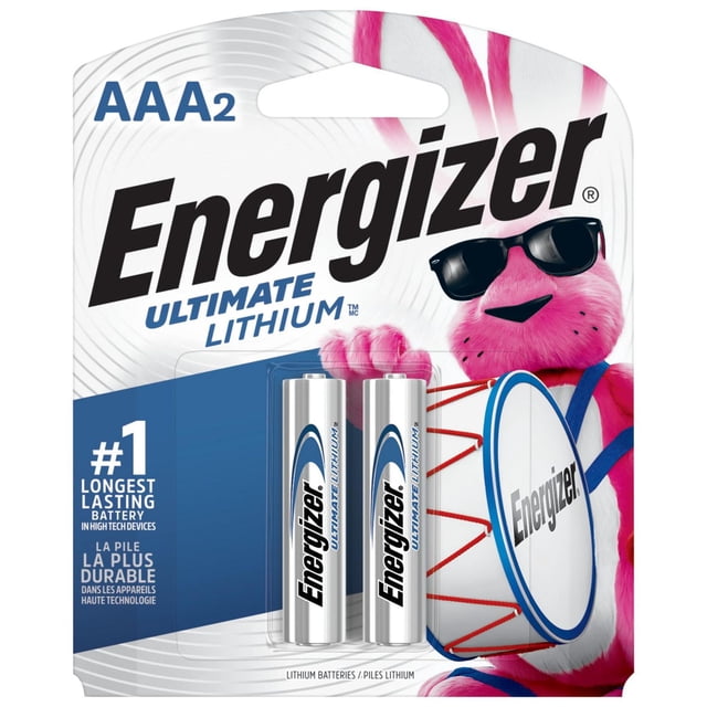 Energizer Ultimate Lithium AAA Batteries 2 pack with two silver AAA lithium batteries featuring blue and black Energizer branding, shown with the pink Energizer Bunny holding a white drum with red laces and Energizer logo, highlighting longest lasting and leak resistant batteries for high tech devices.