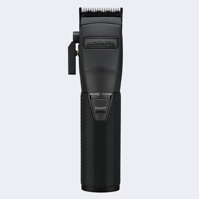 Babyliss Metal Lithium BOOST CLIPPERS Matte Black featuring a sleek all-metal housing with a diamond-textured rubber handle for a secure grip. This cord/cordless hair clipper is equipped with a high-speed brushless motor (6,800 RPM) and a DLC fade blade for precise cutting. It includes a 3300 mAh lithium-ion battery with a 2-hour run time, 5-detent taper control, and dual voltage capability. Accessories include 8 comb attachments and a hanging hook. Replacement blade available separately. Ideal for professional and personal grooming.