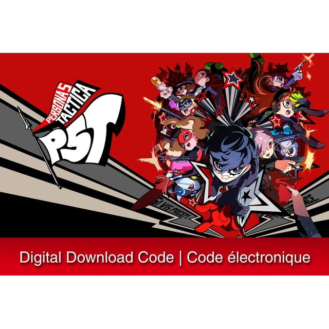 Persona 5 Tactica - Nintendo Switch digital download code cover art featuring anime characters in dynamic action poses with weapons and Personas, set on a red background with black and white starburst patterns and the Persona 5 Tactica logo, representing the turn-based combat strategy game on Nintendo Switch eShop.
