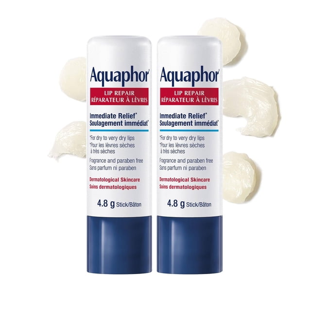 Aquaphor Lip Repair Lip Balm Stick for Dry, Chapped and Cracked Lips 2 pack — two capped 4.8 g sticks side-by-side, front-facing close-up on plain background; white-and-blue tubes display Aquaphor name and labels noting hypoallergenic, fragrance-free formula with shea butter and jojoba oil for moisturizing dry, chapped lips; often used to soften cuticles.