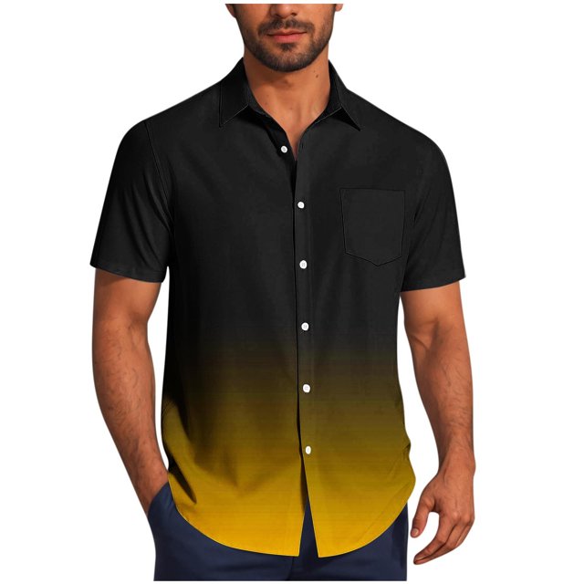 Pisexur Shirts for Man T Hommes Mode Décontractée Col Rabattu Impression Dégradée Chemise à Manches Courtes Blouse Jaune, L Chemises de Golf Hommes & Chemises Hommes
