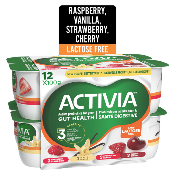 Activia Probiotic Yogurt, Lactose Free, Vanilla/Raspberry/Cherry/Strawberry, 12x100g