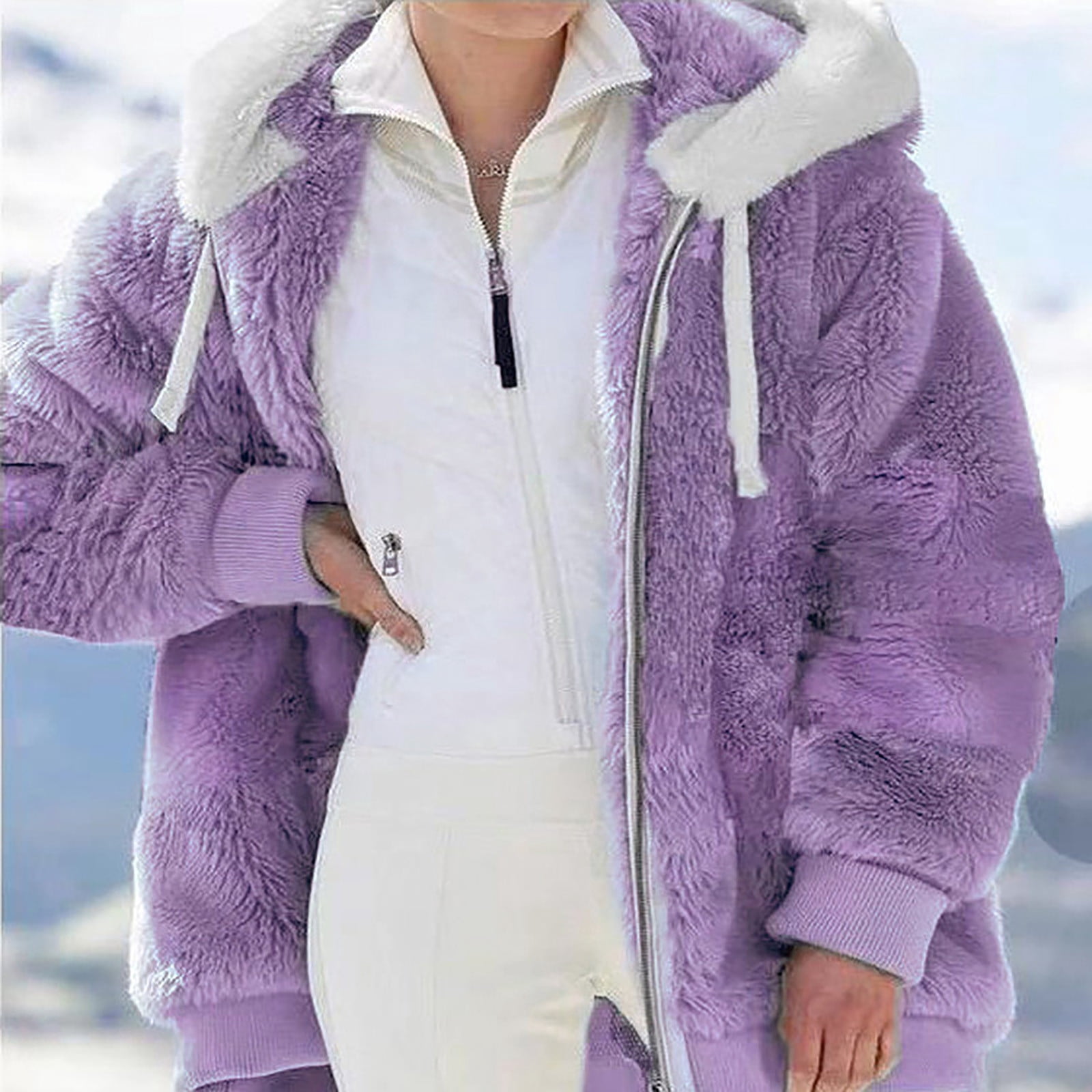 CEHVOM Women Plus Size Winter Warm Loose Plush Zip Hooded Jacket Coat