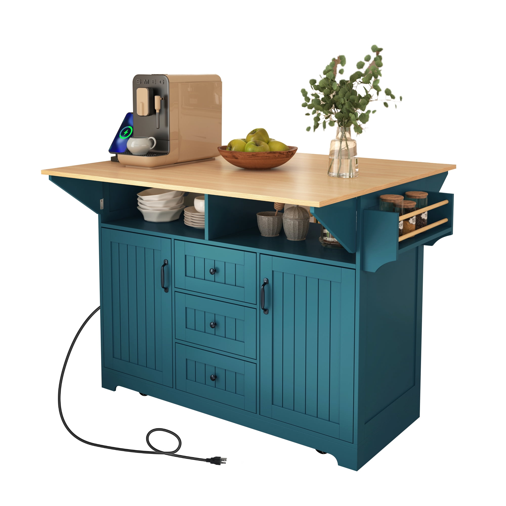 Noble House 55.7" Kitchen Island with 2 Drop Leaf, for 4-6 Seating,Green