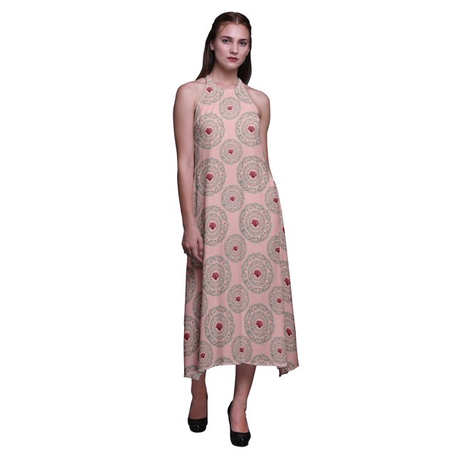 Bimba Robe de Plage d'Été pour Femmes, Dos Nu, Col Licou, à Imprimé de Feuilles - X-Grand