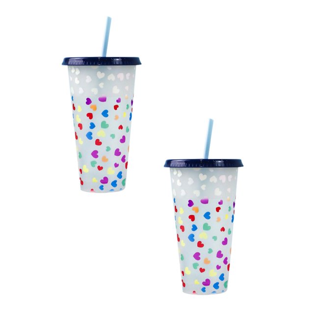 Oleegame 2PC Glass Bottle Creative Water Cup Heart Shape Cup PP Plastic Straw Cup Heart Shape Plastic Transparent Straw Cup 710ml Cold Change Temperature Sensitive Plastic Cup