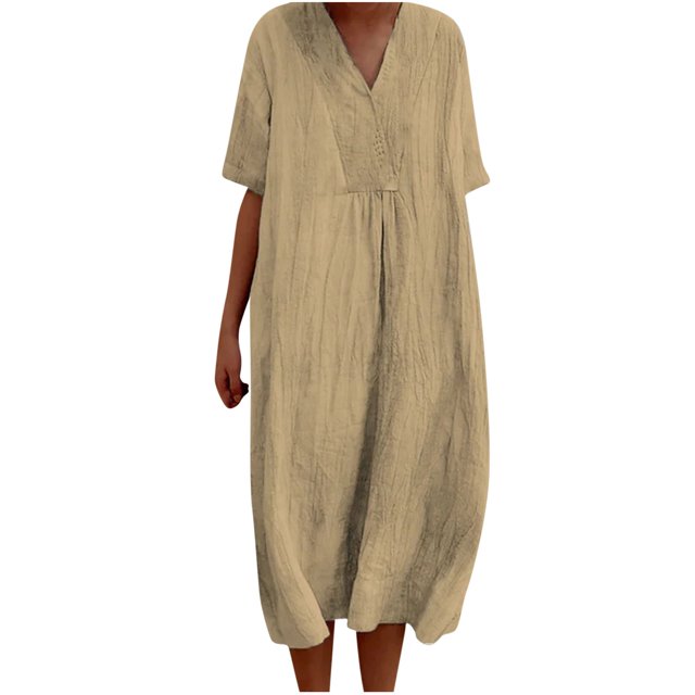 Birdeem Robe Décontractée à Manches Courtes en Coton et Lin Uni Col en V Printemps et Été pour Femmes