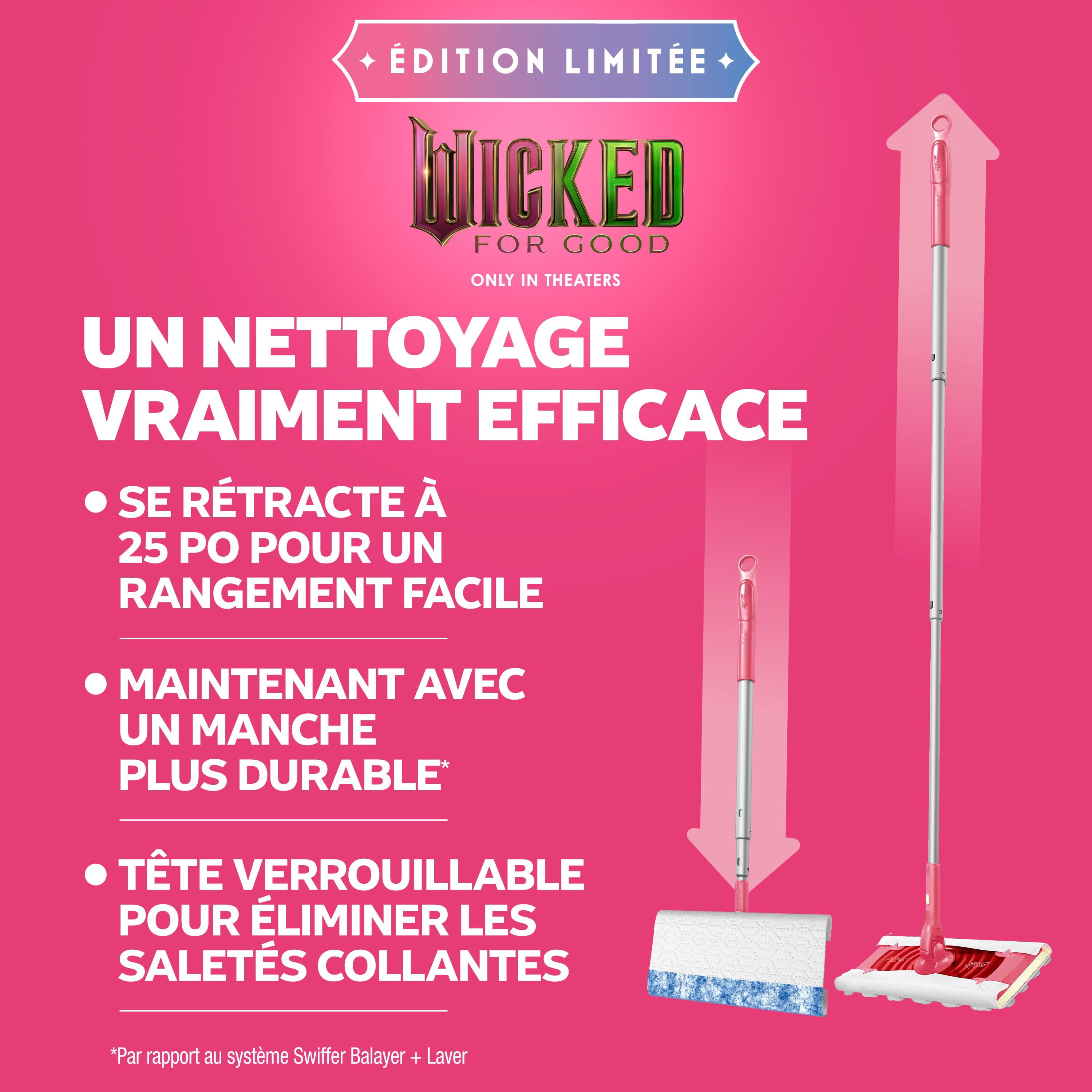 Swiffer Balayer et laver Pro, MÉCHANT SÉRIE Rose LIMITÉE, trousse pour balayage et de lavage 2 en 1 pour les planchers, trousse de nettoyage multi-surfaces, la trousse comprend 1 balai, 5 linges secs
