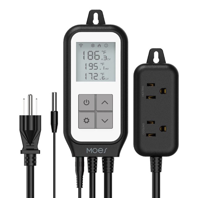 Smart WiFi Digital Temperature Controller Thermostat with Heating and Cooling Outlets LCD Screen APP Remote Control for Greenhouse Fish Tank Incubation Potted Plants