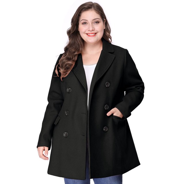 GRACE & GRANDEUR Women's Plus Peacoat Notched Lapel Double Breasted Mid Length Overcoat