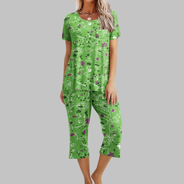 Fankiway Ensemble de Pyjama pour Femmes à Imprimé, Col Rond, Manches Courtes, Chemise de Nuit et Pantalon, Tenue d'Intérieur avec Poches, Ensemble pour Femmes, Tenues d'Été, Tenues d'Été pour Femmes, 3215 Pcs