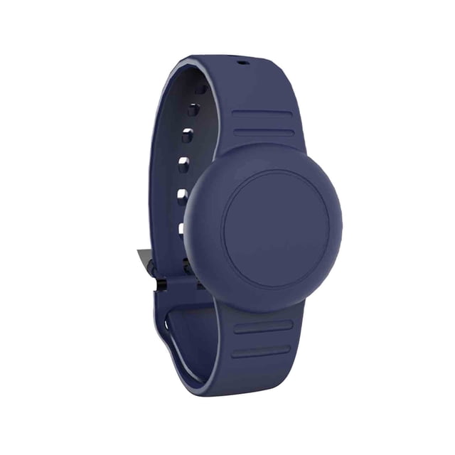 2 Pack Kids Waterproof Tracker Bracelet Strap - Adjustable Wristband with Protective Cover, Anti-Loss Safety Accessory. The image shows a single navy blue wristband with an adjustable strap and a circular protective cover. Made from soft, waterproof material, it features a stainless steel clasp for secure fastening. Designed for children aged 3 and above, it helps prevent loss and ensures comfort during wear. Suitable for water activities and easy to install or remove.