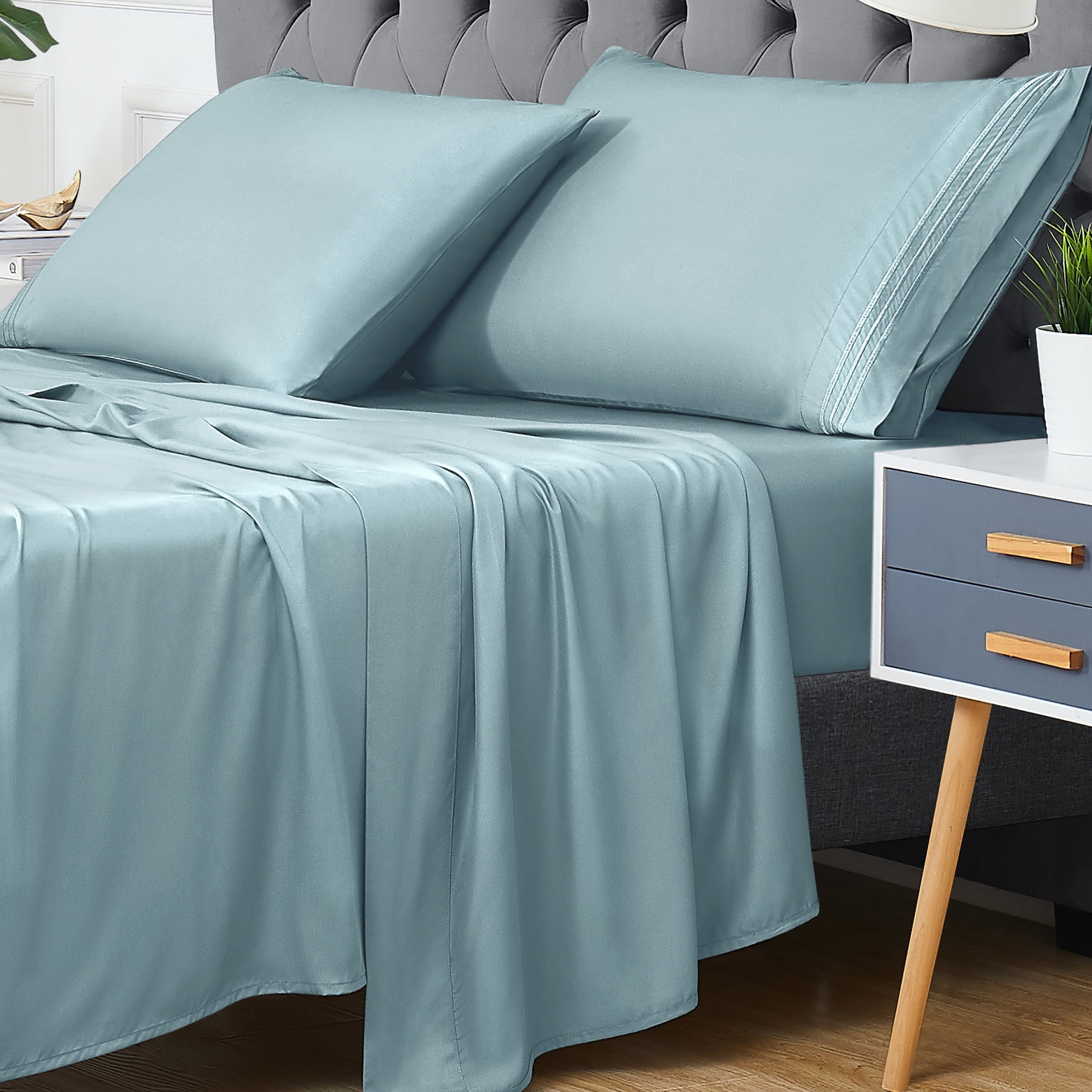 4 PCS Bamboo Sheets, 100% Bamboo Bed Sheets Deep Pocket Cooling, Cool Sheets for Hot Sleeper, Luxury Sheet Set, Super Soft Breathable Comfortable– Spa Blue, King