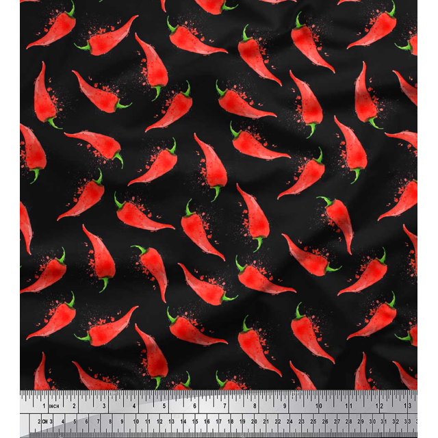 Soimoi Black Poly Georgette Fabric Chilli Vegetable Decor Fabric Printed Yard 42 Inch Wide