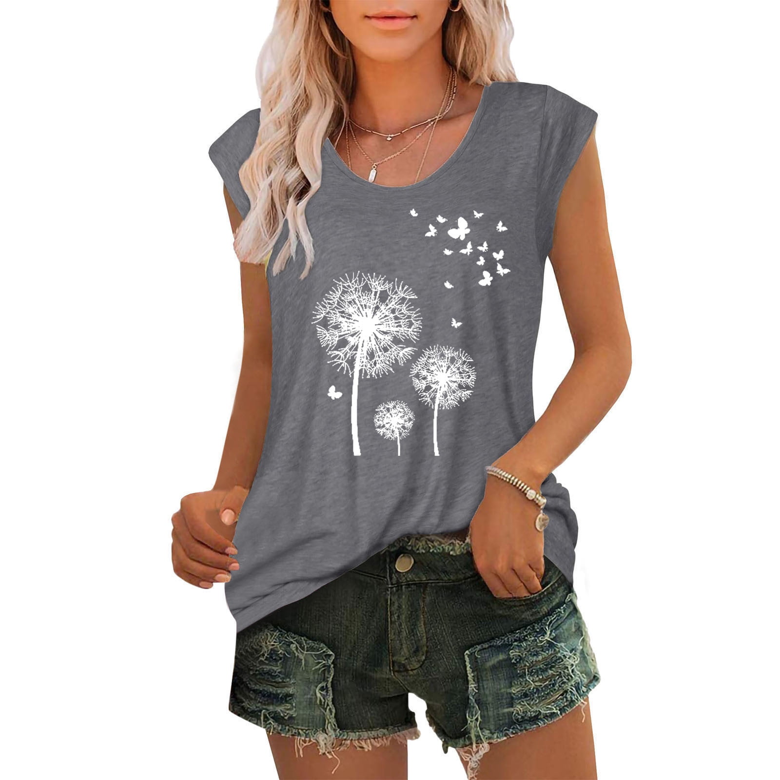 Womens Cap Sleeve Tops Summer Tank Top Casual Basic Tees Shirts Loose Blouses