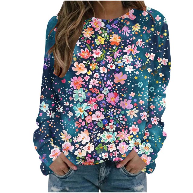 KIHOUT Chandails Molletonnés pour Femmes en Liquidation, Hauts Blouse à Manches Longues d'Automne et d'Hiver à Col Rond à Imprimé Floral, Coupe Ample, Taille P-2TG
