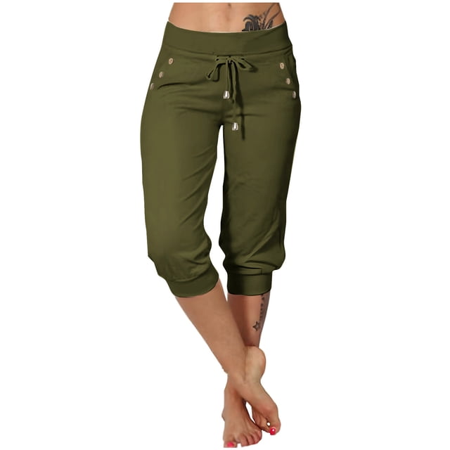 Timegard Womens Yoga Pants Drawstring High Waist Workout Cropped Pants Athletic Capri Pants with Pockets