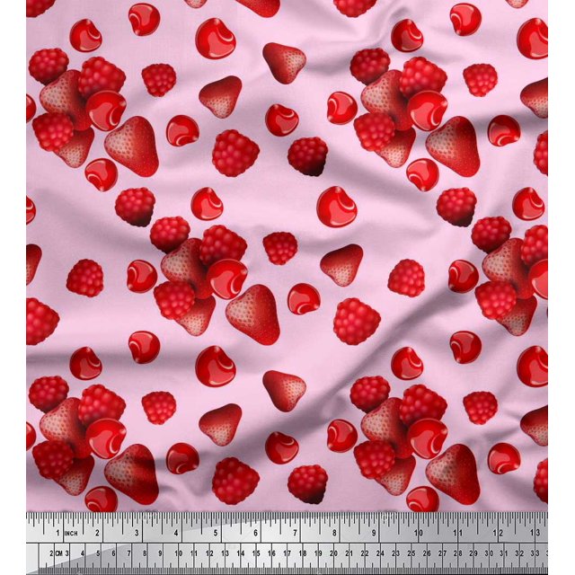 Soimoi Satin Silk Fabric Raspberry,Strawberry & Cherry Fruits Printed Craft Fabric by The Yard 42 Inch Wide