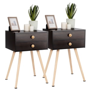 Costway 2 PCS Moyen siècle moderne 2 Tiroirs Table de chevet Canapé Fin de table de table Espresso