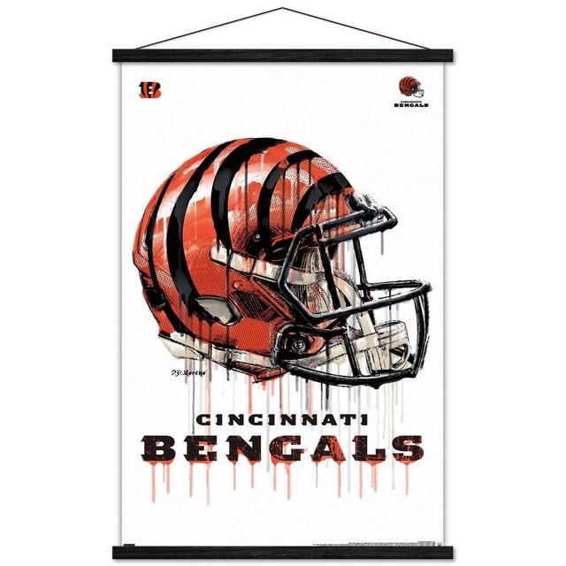 NFL Cincinnati Bengals - Affiche Murale « Drip Helmet 20 » avec Cadre Magnétique, 22,375 Po x 34 Po Montrant une illustration Orientée vers l'Avant d'Un Casque de football orange des Cincinnati Bengals avec des Rayures de Tigre Noires et un Masque Facial Noir sur Fond Blanc, Imprimée sur Papier d'Affiche Lustré avec un Cadre en Bois Magnétique Noir, Présentant « Cincinnati Bengals » en Police Audacieuse et Usée en Dessous, Convient