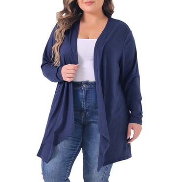 GRACE & GRANDEUR Cardigan Grande Taille pour Femmes à Manches Longues, Ouvert à l'Avant, Léger, Ourlet Haut-Bas, Couvre-Maillot Drapé, Bleu Foncé 2X