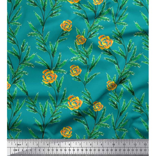 Soimoi Tissu Poly Georgette Imprimé Feuilles & Roses au Mètre 52 Pouces de Large