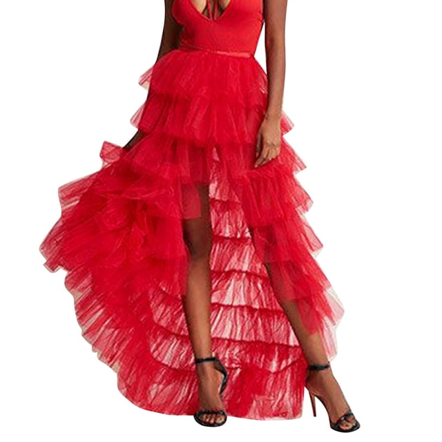 Jupe Longue Plissée Taille Haute à Volants en Tulle pour Femmes