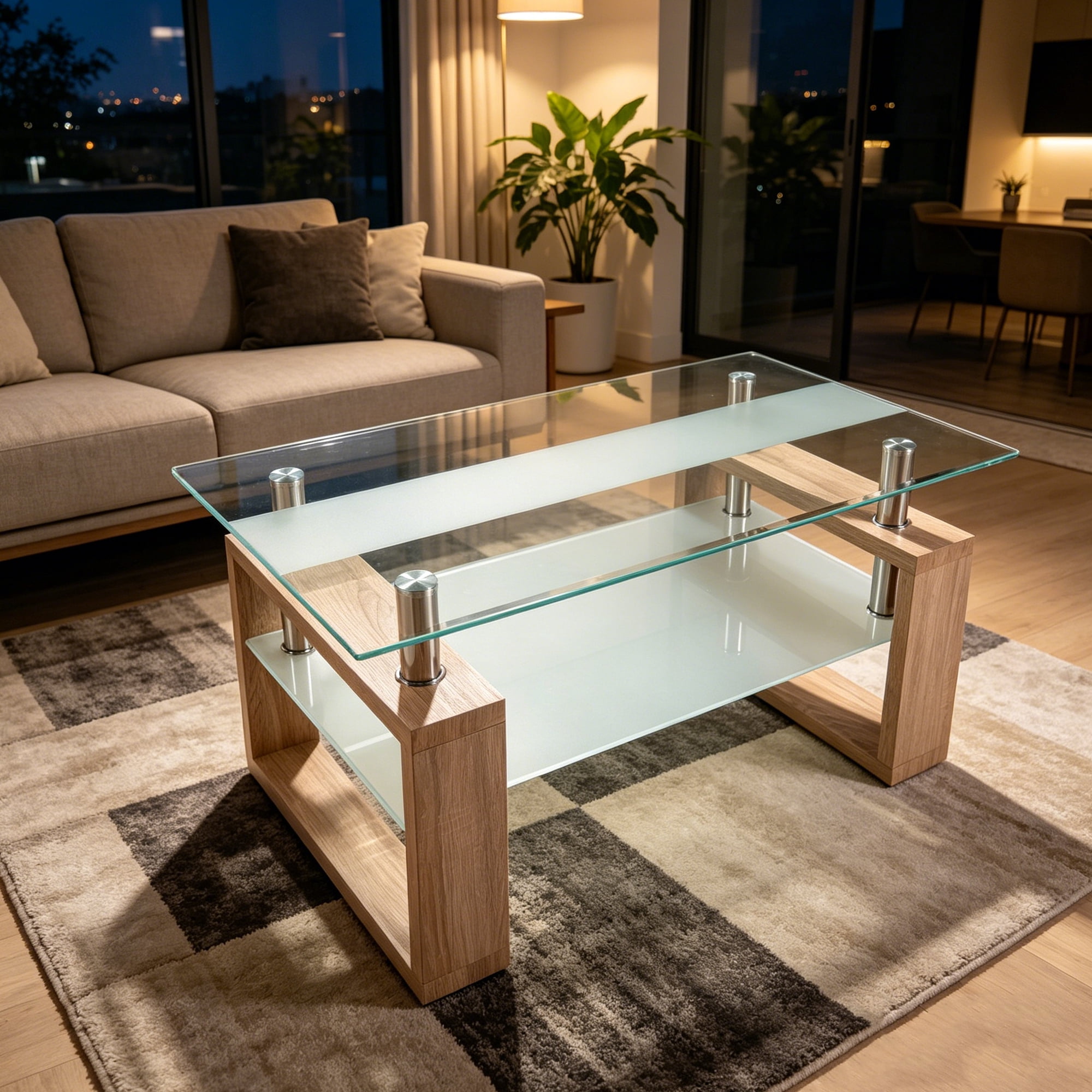 Transfarent Color Noble House Modern 2-Tier Frosted Glass Coffee Table,6mm Strip Top ...