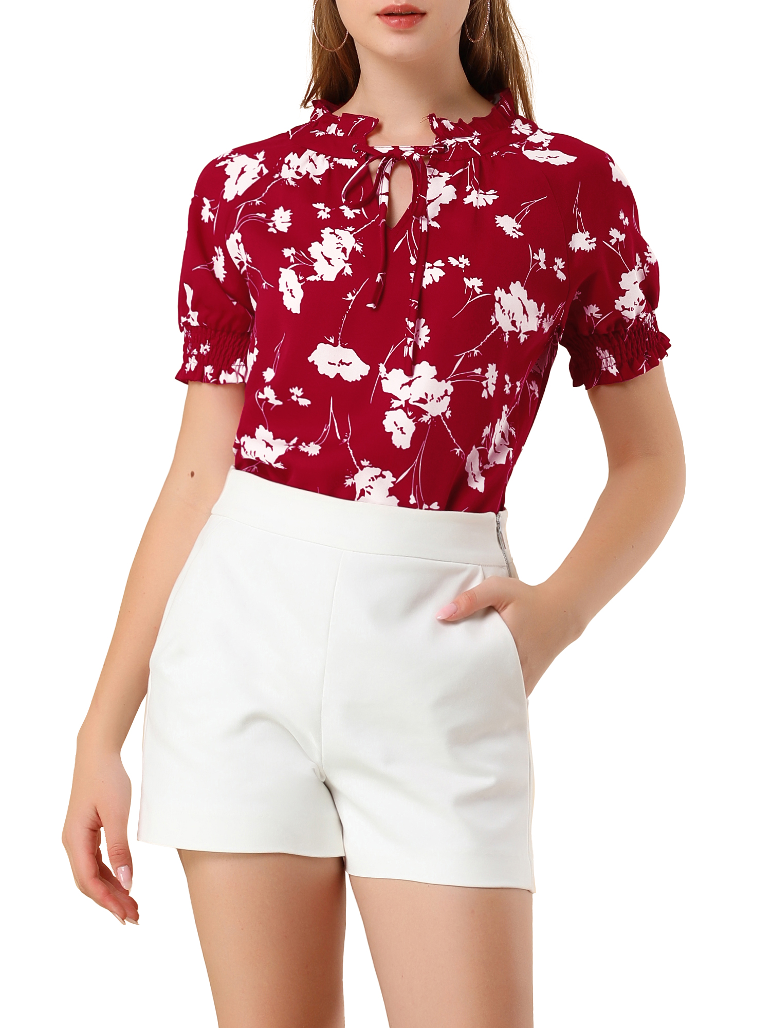 INSPIRE CHIC Women's Ruffle Tie Neck Casual Short Sleeve Floral Blouse