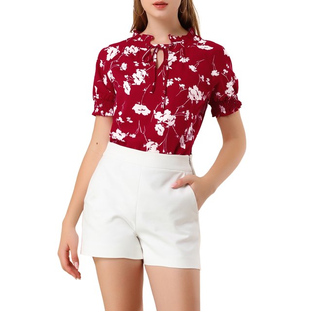 INSPIRE CHIC Women's Ruffle Tie Neck Casual Short Sleeve Floral Blouse