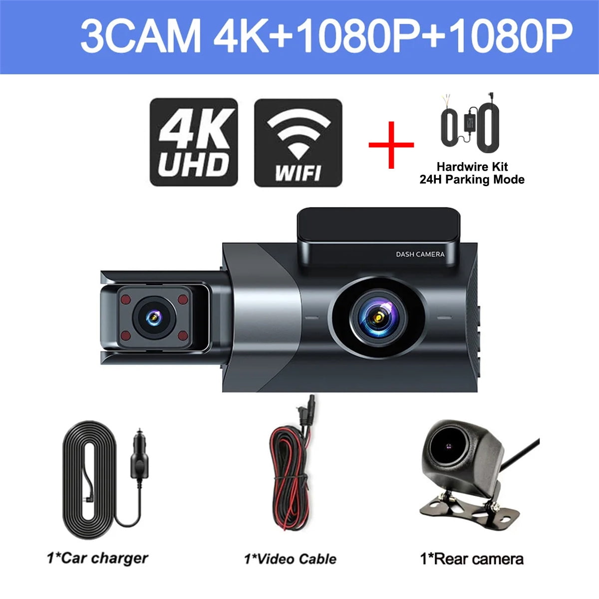 Tigebraver 3 Channel Dash Cam Front and Rear Inside Wifi Dash Car Camera with 24h Parking Mode Black Box Video Recorder Dashcam