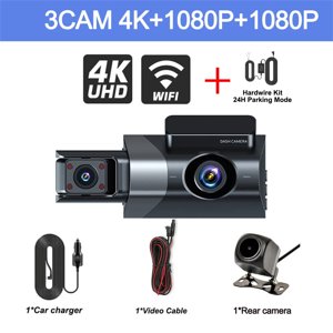 Tigebraver 3 Canal Dash Cam Avant et arrière intérieur Wifi Dash Caméra de voiture avec 24h Mode de stationnement Black Box Enregistreur vidéo Dashcam