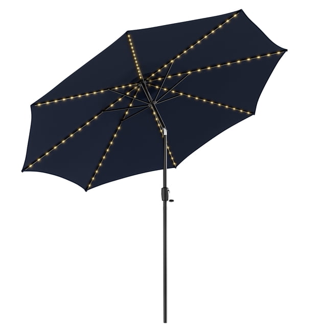 Patiojoy 10FT Solar Umbrella in navy with 112 LED lights, featuring a 2-tier canopy for ventilation and 80 sq.ft sunshade. Includes a crank lifting handle and push-button tilt system for 60° angle adjustment. Made of UV-resistant, drizzle-proof, and tear-proof 180g polyester fabric. Solar panel stores 1800mA power for 6 hours of lighting. Pole diameter is 1.48 inches, suitable for most tables. Weighted base not included.