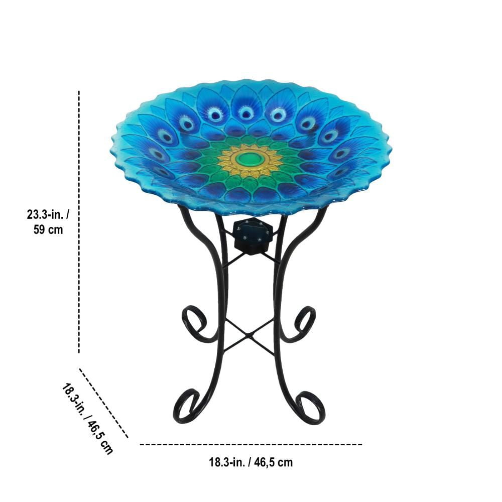 Angelo Décor Bain d'oiseau en verre de paon de 59 cm avec support en métal et lumière solaire
