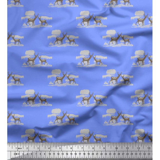 Soimoi Blue polyester Crepe Fabric Landscape & Reindeer Animal Print Fabric by the Yard 42 Inch Wide