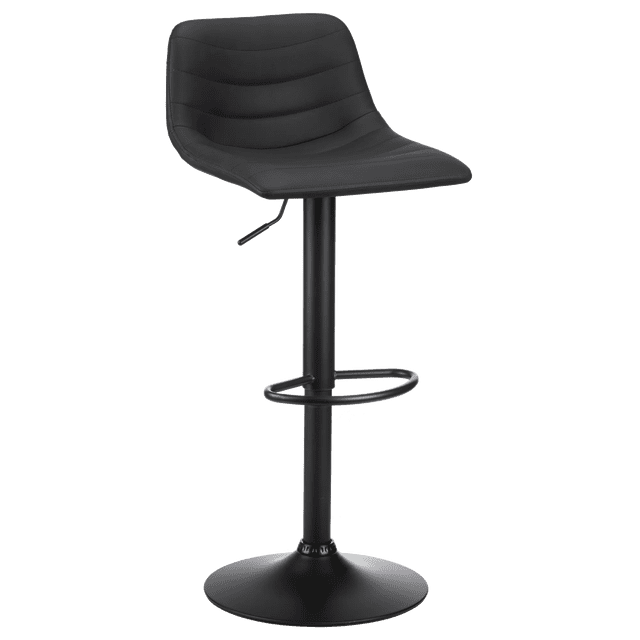 Bouclair Faux Leather and Metal Barstool with black cushioned seat featuring horizontal stitching, adjustable height from 60 to 81 cm, 360-degree swivel, circular metal footrest, and round matte black metal base, suitable for kitchen and dining seating.