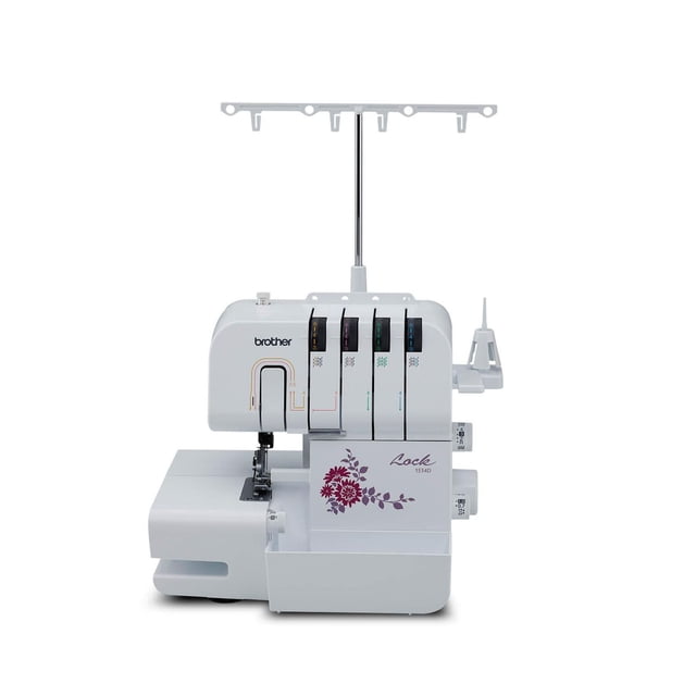 Brother 1534D Serger sewing machine in white with color-coded tension dials, differential fabric feed for smooth stitching, retractable knife blade, snap-on presser feet, and thread stand, featuring a floral decal and designed for professional fabric finishing and efficient sewing.