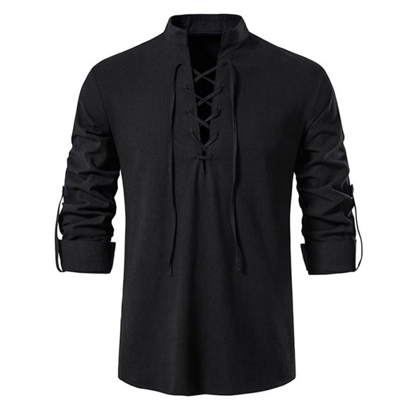 CHOK Men‘s Lace Up Shirt Linen Tab Long Sleeve Renaissance Gothic Cotton Tshirt Vintage Medieval Pirate Shirts Retro Band Collar Viking Pullover Victorian Tees White Medium