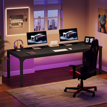 Fnova 78.7" Modern Computer Desk with Wood Desktop, Metal Frame Office Desk, Black