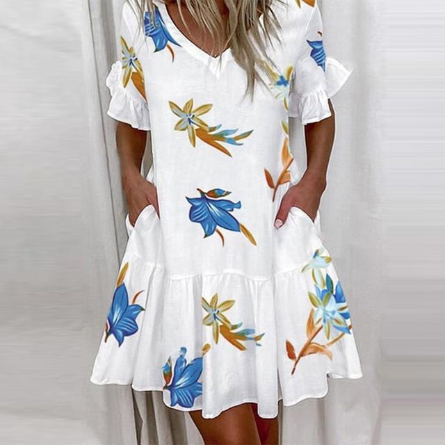 CEHVOM Robe Décontractée pour Femme à Col en V, à Volants, à Manches Courtes, Imprimée, avec Poches