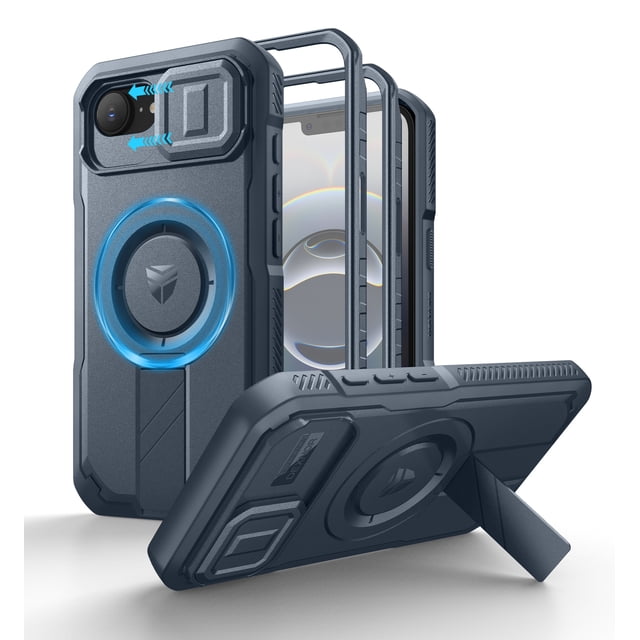 Dexnor for iPhone 16e case in blue featuring a heavy-duty protective cover with a slide camera cover using magnetic repulsion technology, adjustable aluminum kickstand, and built-in PET screen protector. The rugged shockproof bumper design includes TPU and PC materials for military-grade protection, compatible with MagSafe accessories for secure attachment. Displayed with dual front frame options and precise cutouts for buttons and ports.