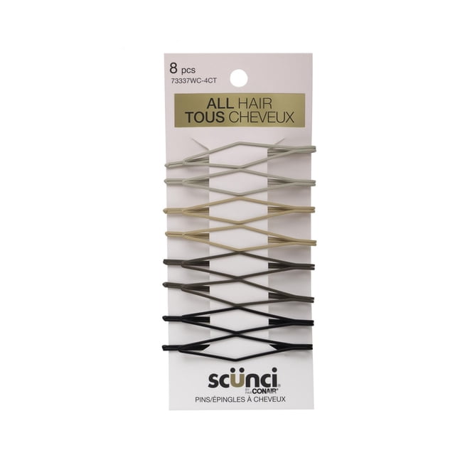 Scunci 8 pk Neutral Pins with eight hair pins in neutral grey, beige, brown, and black matte finishes, arranged on a white card labeled for all hair types, suitable for securing hair or adding subtle style to any outfit.