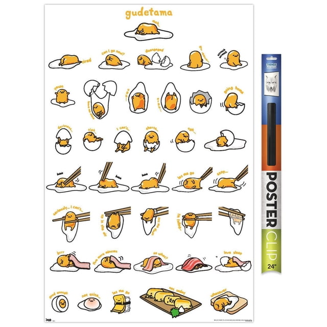Gudetama - Grid Wall Poster, 14.725" x 22.375" featuring multiple small cartoon illustrations of the lazy egg character Gudetama in various poses and expressions on a white background, printed on high-resolution glossy photo art paper with an included poster clip hanger for easy mounting, ideal wall art for bedrooms, offices, dorms, and kids' rooms.