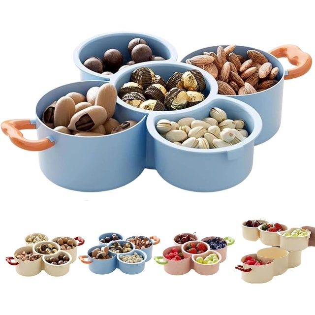 2-Tier Divided Serving Platter with Handle, Stackable Multifunctional Fruit Vegetable Tray with Drain Basket, Double Layer Compartment Snack Dish for Home, Kitchen, Party (Blue)