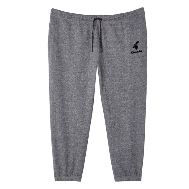Canadiana Plus Adult Gender Inclusive Jogger front-facing view of relaxed-fit joggers in brushed-back fleece; 85% cotton/15% polyester, elasticized waistband with functional drawstring, 2 on-seam pockets, leg graphic print and elasticized cuffs, suitable for loungewear and travel use.